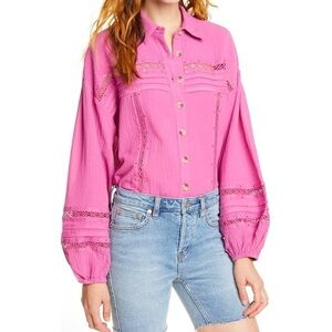 Free People Summer Stars Button Down Shirt Puff Sleeve Crochet Detail Size Small